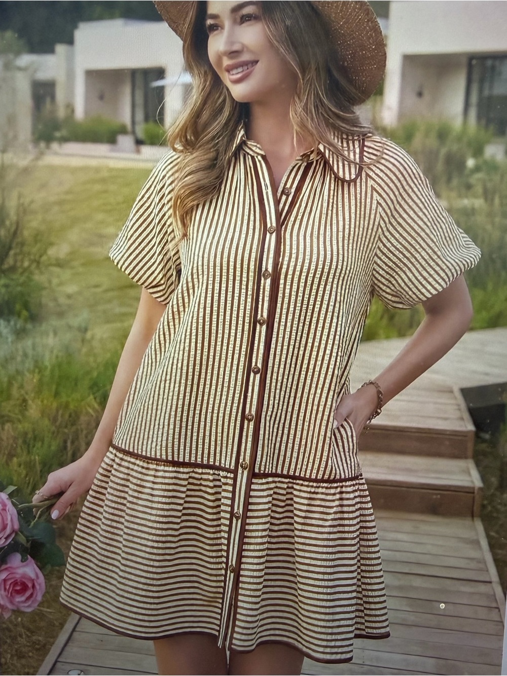 Striped Cream & Brown Button-Front Shirt Dress- NWT- Size L